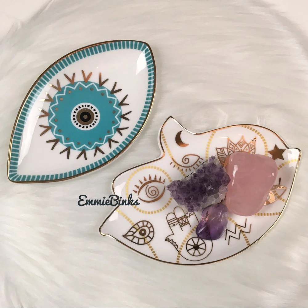 New Ceramic Hamsa Hand Evil Eye Gold Illustrative Jewelry Tray ~ Trinket Tray - Picture 2 of 12